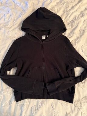 Aritzia Black Waffle-Knit Hooded Zip Cardigan